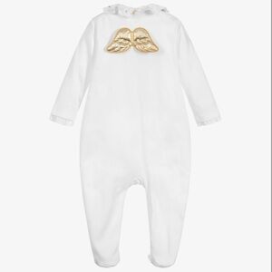 Marie Chantal Baby Girl Boy Gold Angel Wings Bodysuit One Piece Footie Sz 12 mo